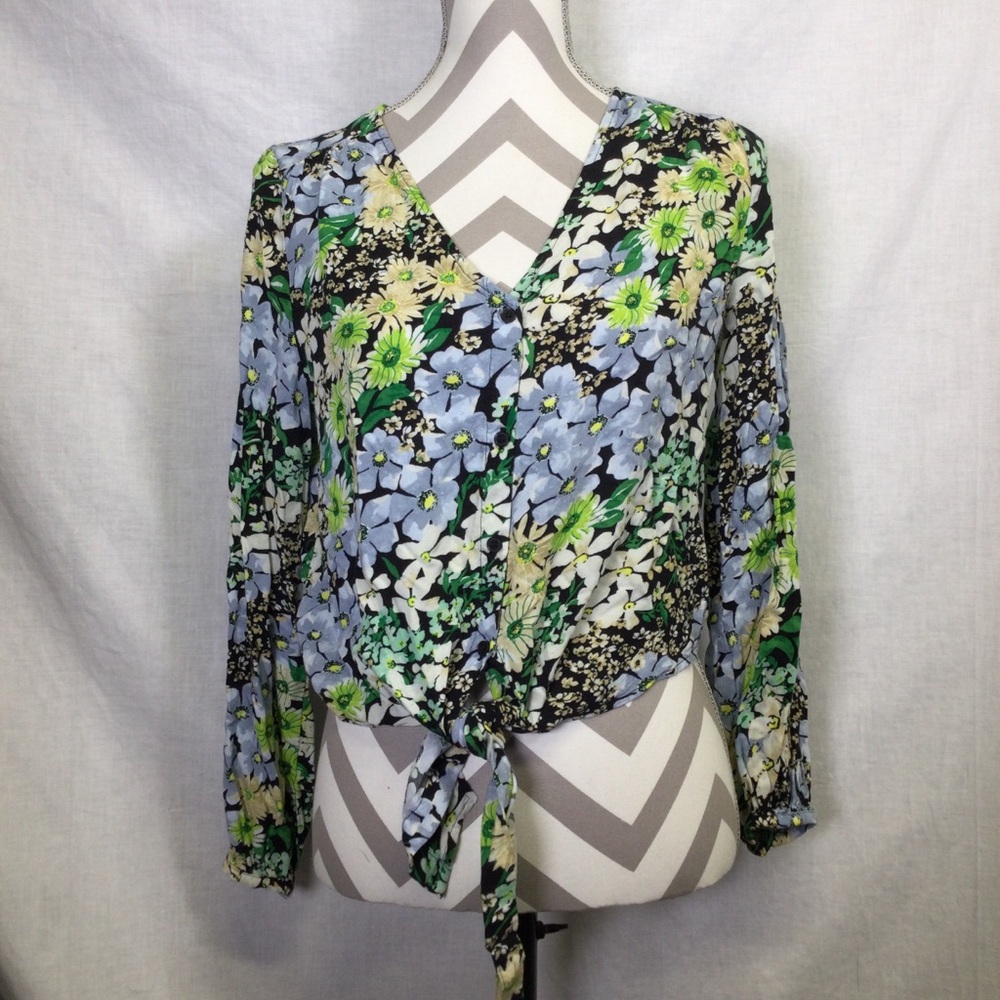 H/M Womens Floral V-Neck Button Up Tie-Front Blouse, Sz Small